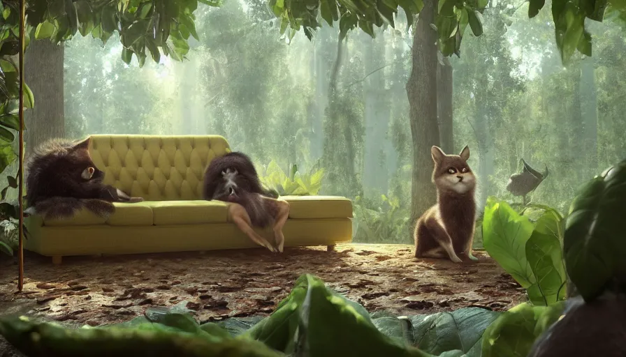 Prompt: lovely furry creature who made a sofa from avocado in the summer forest, by ilya kuvshinov, rtx rendering, octane render 1 2 8 k, maya, extreme high intricate details by tom bagshaw, medium shot, close up shot, composition by sana takeda, lighting by greg rutkowski