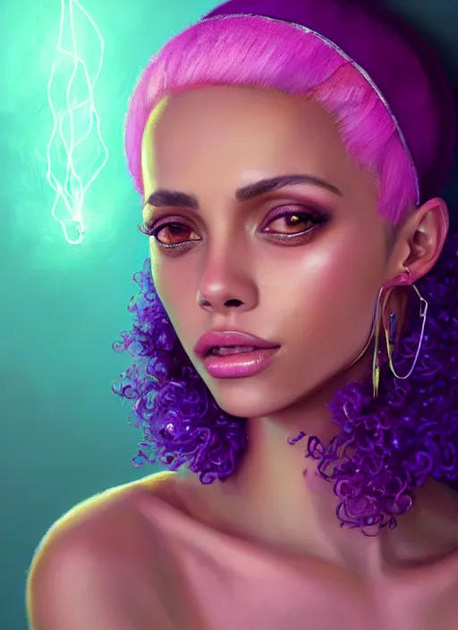 Image similar to portrait of vanessa morgan with bright pink hair, curly pixie cut hair, wearing a purple breton cap, breton cap, hoop earrings, intricate, elegant, glowing lights, highly detailed, digital painting, artstation, concept art, smooth, sharp focus, illustration, art by wlop, mars ravelo and greg rutkowski