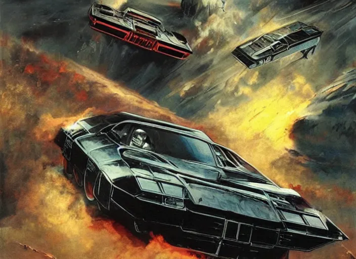 Image similar to ( ( ( ( ( knight rider kitt, car concept art, sci - fi illustration, painting ) ) ) ) ) by vincent di fate and john berkey and mad max fury road!!!!!!!