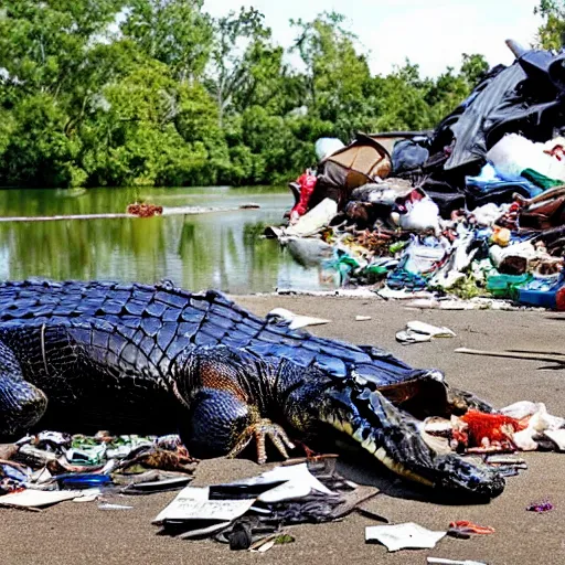 Prompt: one large alligator on a leash sleeping next to a very large mound of trash, papers, junk, and metal parts