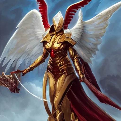 Image similar to archangel of fury, full-body portrait, D&D, fantasy, portrait, highly detailed, digital painting, artstation, concept art, sharp focus, illustration, art by artgerm and greg rutkowski and magali villeneuve, red white and gold color scheme