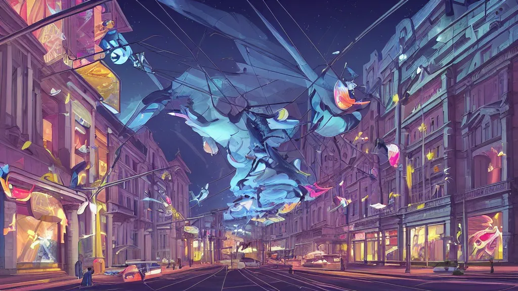 Prompt: street view of the national museum in the city at night by cyril rolando and naomi okubo and dan mumford and zaha hadid. flying cars. advertisements. neon. tram.