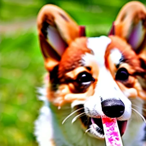 Image similar to a photo of a corgi licking a popsicle