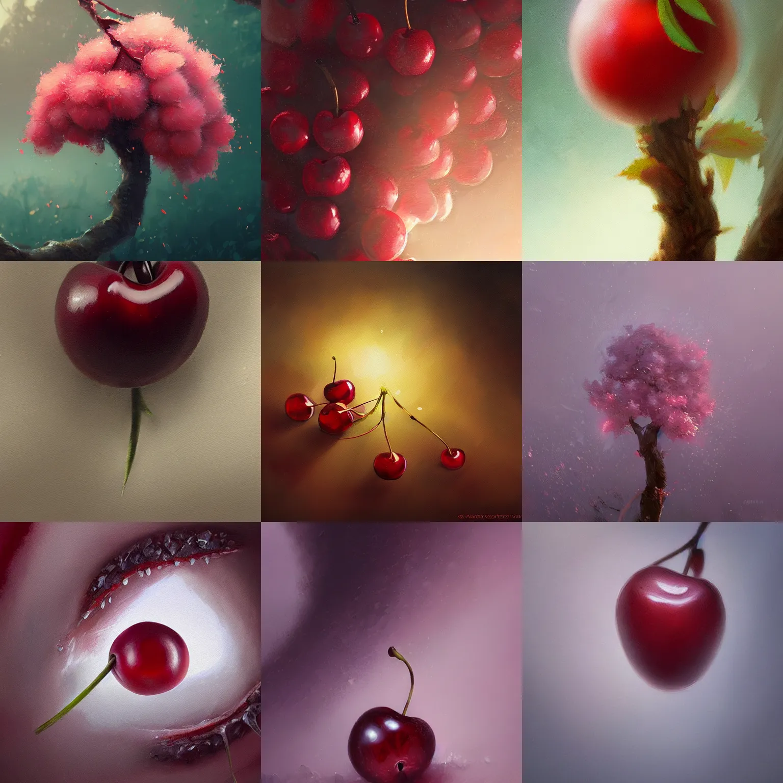 Prompt: beautiful aesthetic inspirational digital oil painting of a close - up cherry, by greg rutkowski, ultra detailed, fine details, trending on artstation, volumetric light.