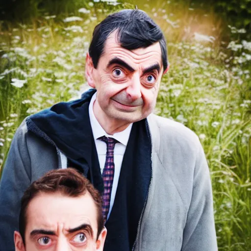 Image similar to A portrait mr bean elizabeth teams up with a teenage mr bean, perfect faces, 50 mm, award winning photography