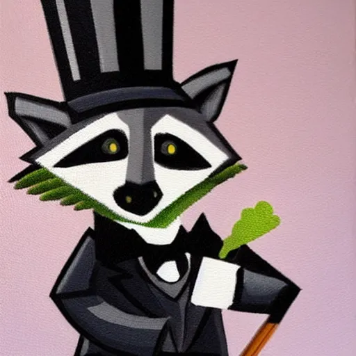 Prompt: a raccoon wearing formal clothes, wearing a top hat and holding a cane. the raccoon is holding a garbage bag. oil painting in the style of pixel art