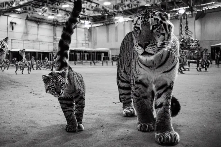 Prompt: photo of a Big Cat Circus, taken with Leica M11 and NOCTILUX 50mm F4.0, Paradium Platinum printed on paper