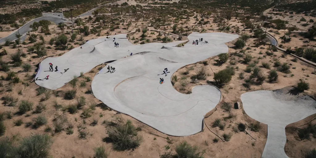 Image similar to drone view of a skatepark, in a desert oasis