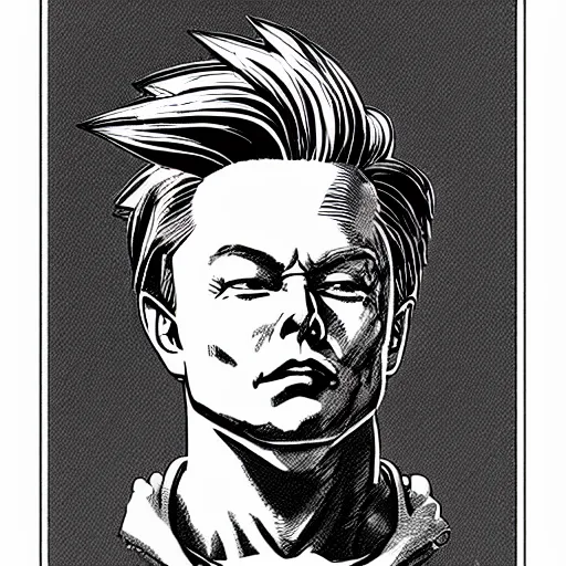 Image similar to franklin booth illustration of elon musk from dragon ball z