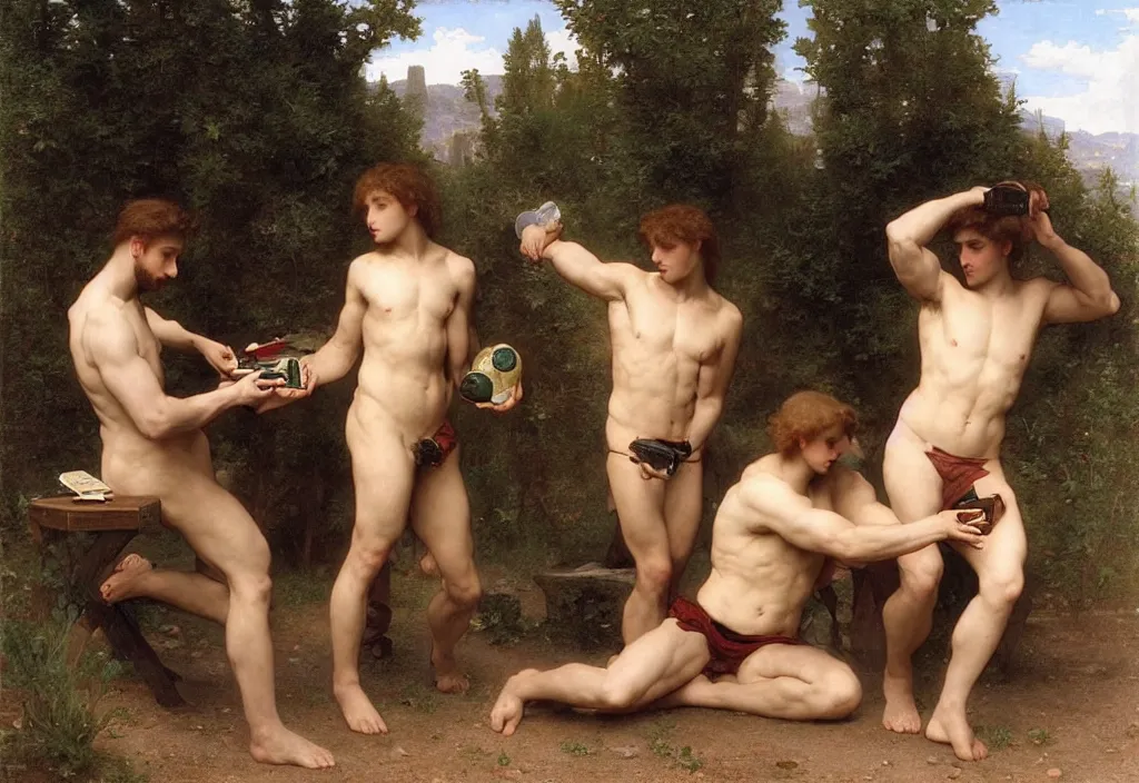Image similar to pre-Raphaelite male muscular athletic gamers playing games on laptops by Bouguereau