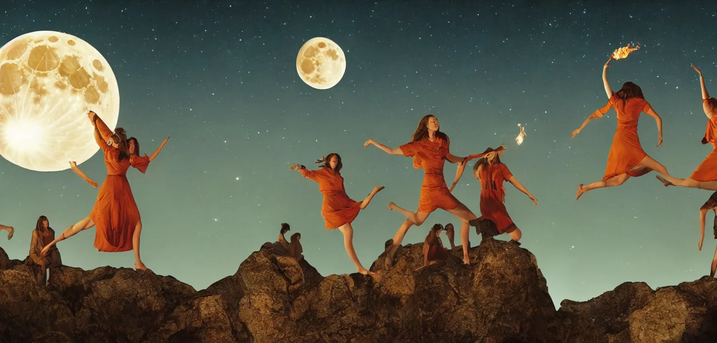 Image similar to a very high resolution historical image. a giant full moon in the mountains while young women float into the air levitating in firelight as the satanic ritual climaxes, 2 4 mm, photorealistic, photography, night directed by wes anderson