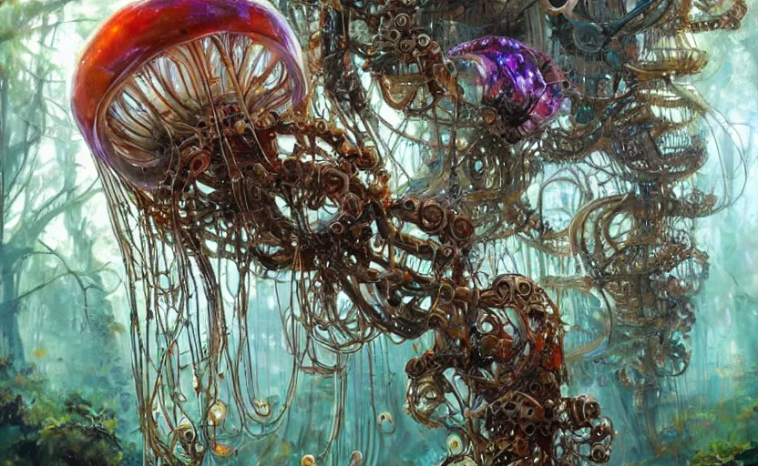 Prompt: Cyborg biomechanical jellyfish forest. By Konstantin Razumov, highly detailded