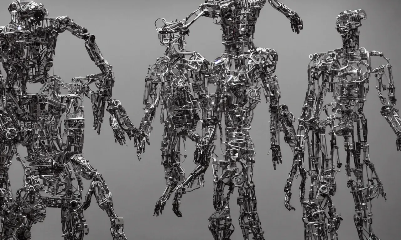 Image similar to a movie with humanoid robots made of intricate metal parts