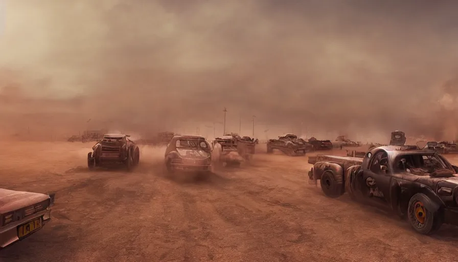 Image similar to london in mad max, sandstorm, trucks racing, smoke bombs, hyperdetailed, artstation, cgsociety, 8 k