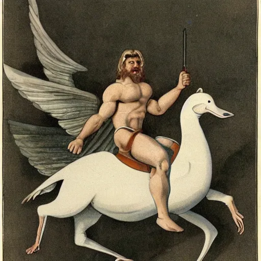 Image similar to a muscular white heroic man riding a giant bird