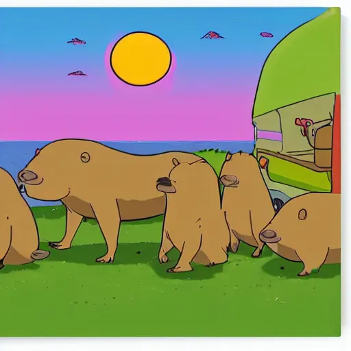 Prompt: capybaras camping on the seaside by yuga labs and by matt groening