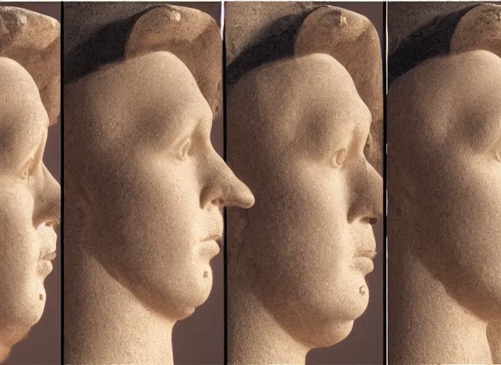 Prompt: a head viewed from three angles, front facing, 3/4 profile, and side profile view