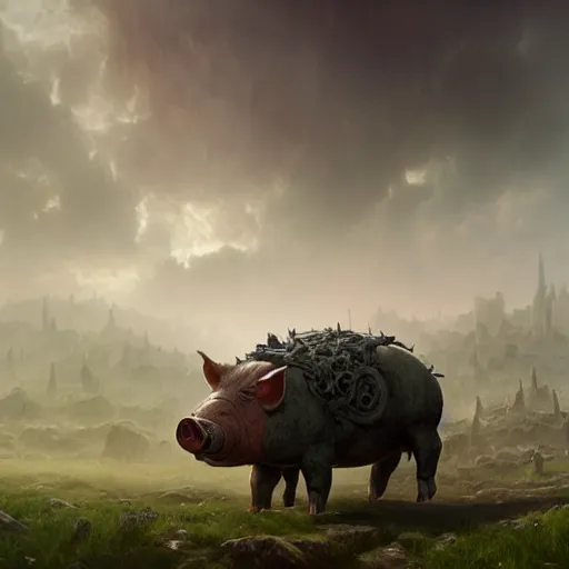 Image similar to A giant sensual pig-monster made of grotesque things in Elden Ring, fullbody, intricate, demonic, video game art, highly detailed, artstation, green field with village ruins, concept art, smooth, sharp focus, illustration, art by greg rutkowski and orientalism and bouguereau and Zdzislaw Beksinski, good clear quality, lighting, biology, symmetrical artwork, perfect face, 135 mm, cinematic, hyper realism, high detail, octane render, 8k, chrome accents