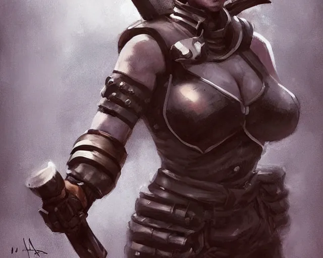 Image similar to portrait of a mildly muscular female knight in team fortress 2 style, detailed face, dark fantasy art, fantasy, pretty, hd shot, digital portrait, beautiful, artstation, comic style, by artgerm, guy denning, jakub rozalski, magali villeneuve, neoartcore and charlie bowater