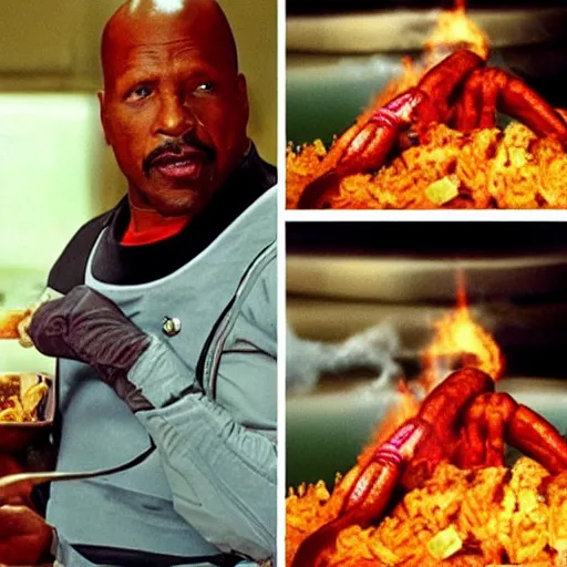 Image similar to captain sisko cooking jambalaya while the space station ds 9 explodes