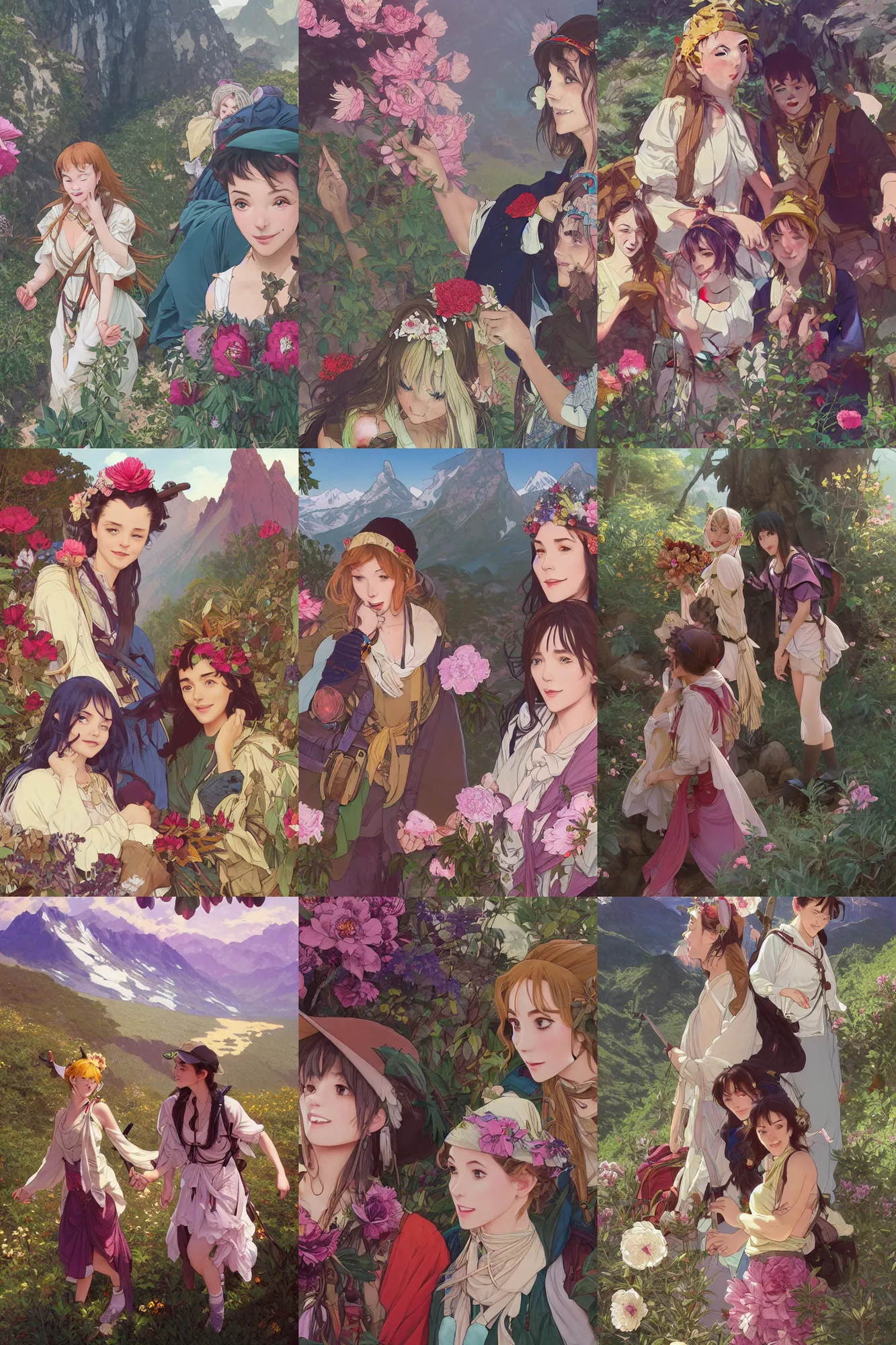 Prompt: a cinematic joyous closeup moment of university friends hiking in the mountains wearing boho clothing and peonies, boy girl traditional romance, full body illustration,bestselling movie poster, official media, pixiv, 1990s fashion, official anime media incredible art by artgerm and greg rutkowski and alphonse mucha and simon stalenhag and doja cat