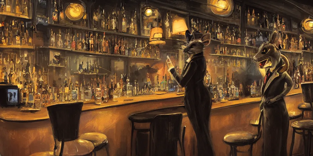 Prompt: a biped lady rat is working at the bar of a 4 0 s jazz club, warm color palette, night time, dramatic lighting, noir film, character sheet, fine details, high contrast, blacksad, kim jung gi, greg rutkowski, trending on artstation, 8 k, front view, back view, ultra wide angle