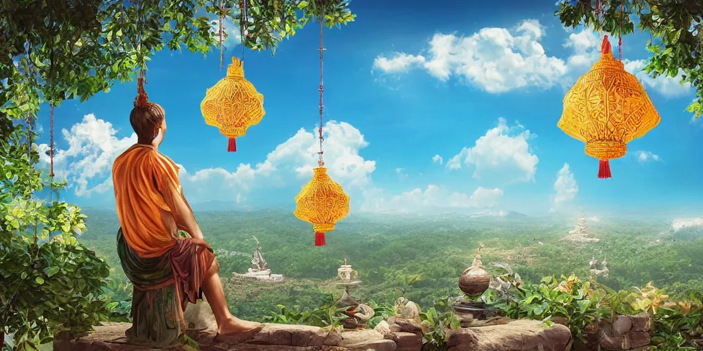 Image similar to wind god enjoying the view from his stone heavenly palace, decorated with windchimes and paper lanterns, nature, clouds and other palaces in background, digital art