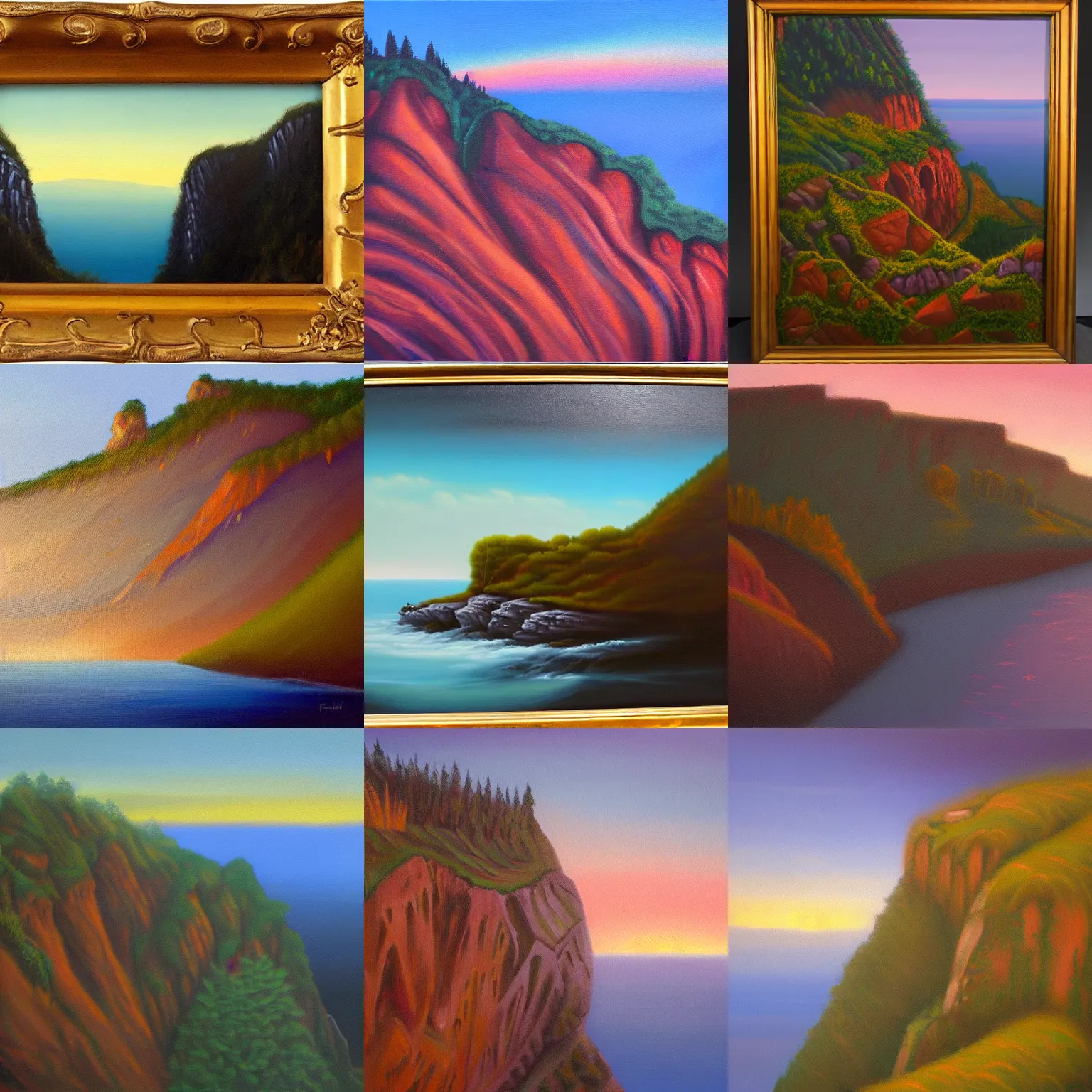 Prompt: cliff side at dusk fantasy land oil on canvas - w 7 6 8