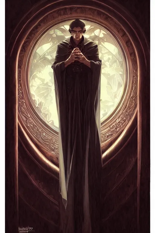 Image similar to portrait of a wise vampire, dark, piercing eyes, gentle expression, elegant clothing, photorealistic, highly detailed, artstation, smooth, sharp focus, art by michael whelan, artgerm, greg rutkowski and alphonse mucha