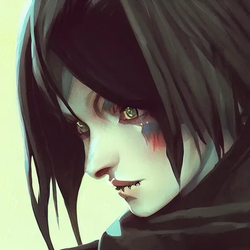 Image similar to female human vampire witch in the style of greg rutkowski, makoto shinkai, trending on artstation, character design, concept art, pretty face, highly detailed, long black hair, portrait, digital art