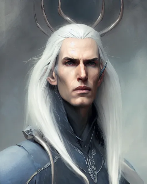 Prompt: character portrait of a slender half - elven man with white hair, piercing blue eyes and pale bluish skin, by greg rutkowski, mark brookes, jim burns, tom bagshaw, trending on artstation