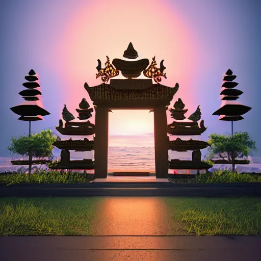 Prompt: gates of heaven, bali, digital art, octane render, stunning, soft sunset, 8k