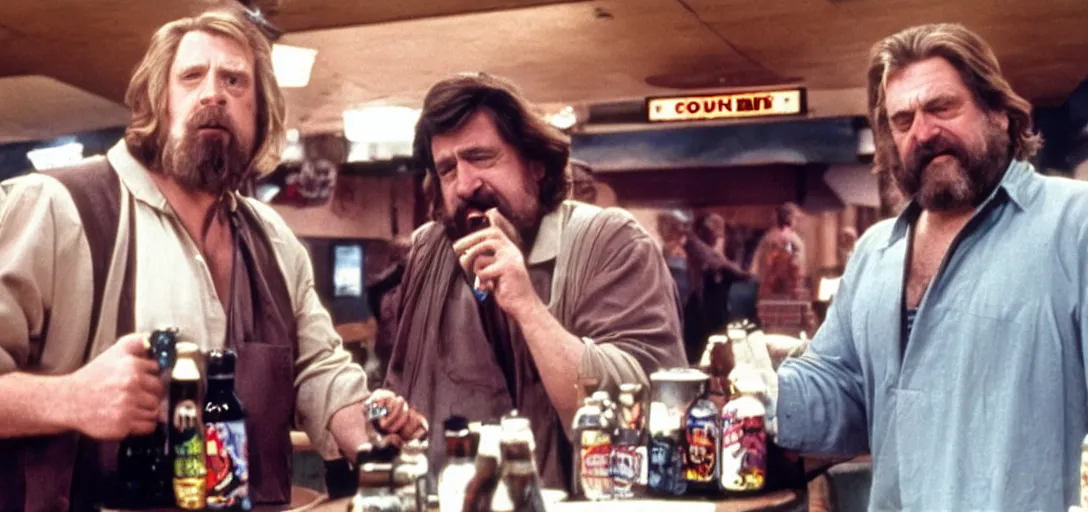 Prompt: The Big Lebowski bowling with John Goodman in the Star Wars Cantina from A New Hope, drinking out of classic 70's Coors Cans
