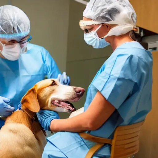 Prompt: a surgeon giving his dog a bone during an operation