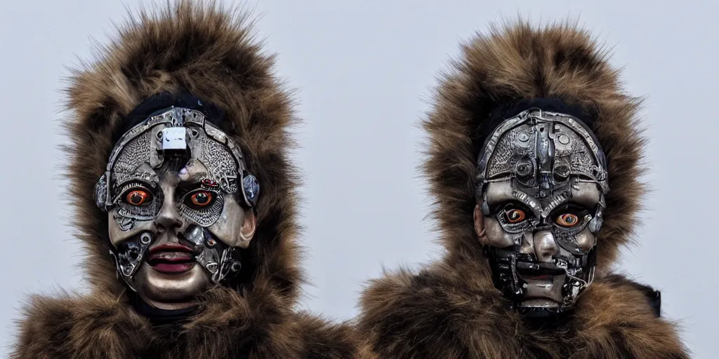 Prompt: a beautiful cyborg made of ceremonial icelandic maske