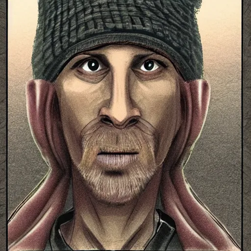 Prompt: a highly detailed character concept of a man wearing a sock hat in the style of darkwood moody and melanchony