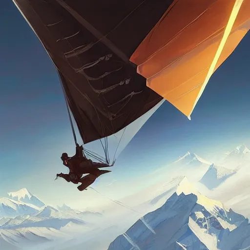 Prompt: a hangglider flying off the top of mount everest, digital painting, artstation, concept art, smooth, sharp focus, illustration, art by artgerm and greg rutkowski and alphonse mucha