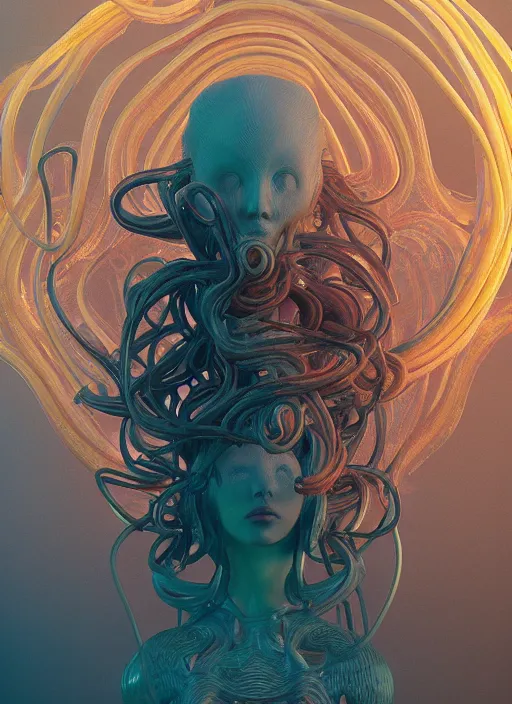 Image similar to subsurface scattering, translucent, medusa made of soft wax, cgsociety, wooden art nouveau swirls, colored smoke, gold cables, neurons, nuclear, in the style of ruan jia and beeple and giger, mystical colors, back light, rim light, dramatic lighting, 8 k, stunning scene, raytracing, octane render