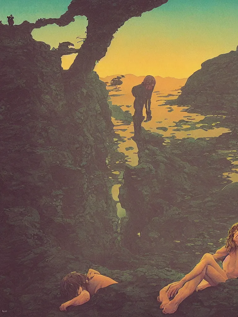 Image similar to an image of john lennon as gollum from the lord of the rings, taking mind altering drugs, a blotter paper of lsd acid and dreaming psychedelic hallucinations in the vast mordor landscape, by kawase hasui, moebius, edward hopper, colorful flat surreal design, dramatic lighting, hd, 8 k, artstation