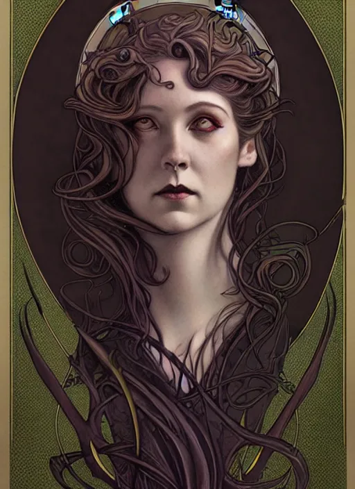 Image similar to an art nouveau, cthulu portrait in the style of charlie bowater, and in the style of donato giancola, and in the style of charles dulac. very large, clear, expressive, intelligent eyes. symmetrical, centered, ultrasharp focus, dramatic lighting, photorealistic digital painting, intricate ultra detailed background.