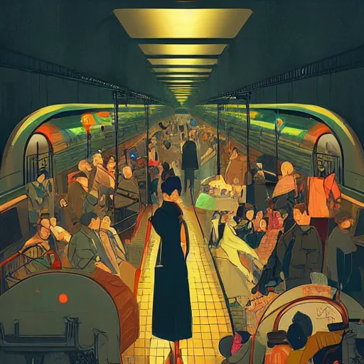 Image similar to paris subway life scene, very detailed, by ( victo ngai ), ( ( studio muti ) ), malika favre, ( rhads ), makoto shinkai