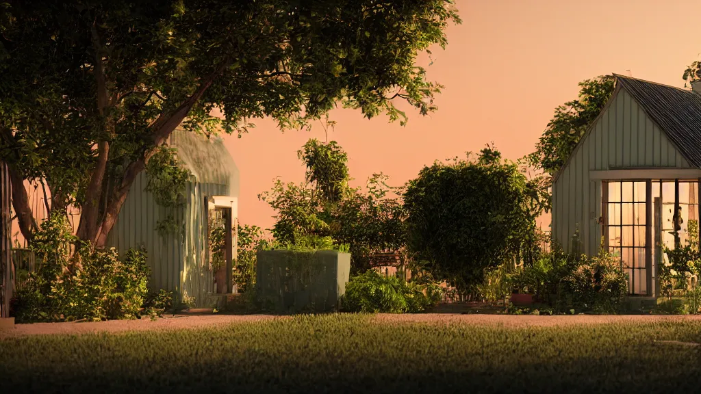 Image similar to ! dream a couple, green house, quiet street, sunset lighting, rim light, hyper realistic, 1 0 5 mm, cinematic frame