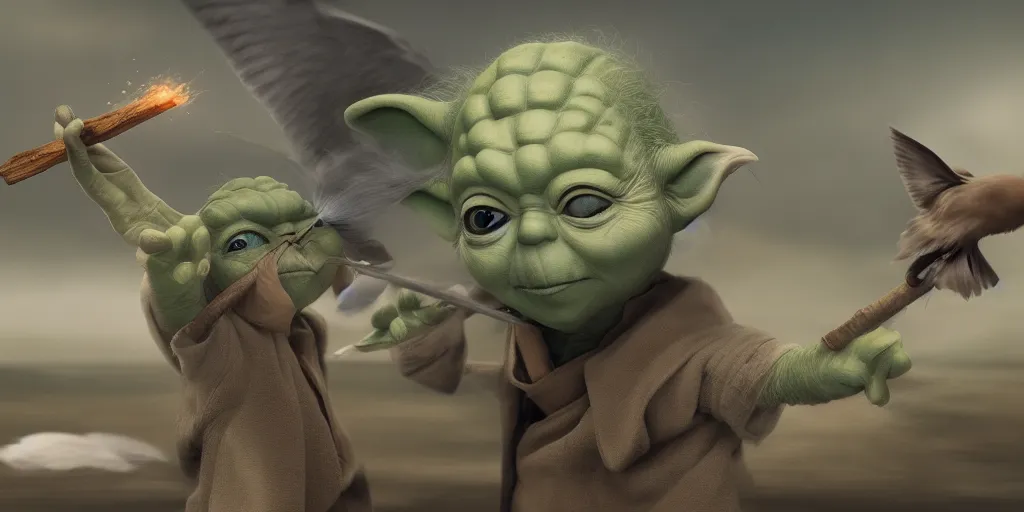 Image similar to Yoda smacking a seagull with a stick, hyperdetailed, artstation, cgsociety, 8k