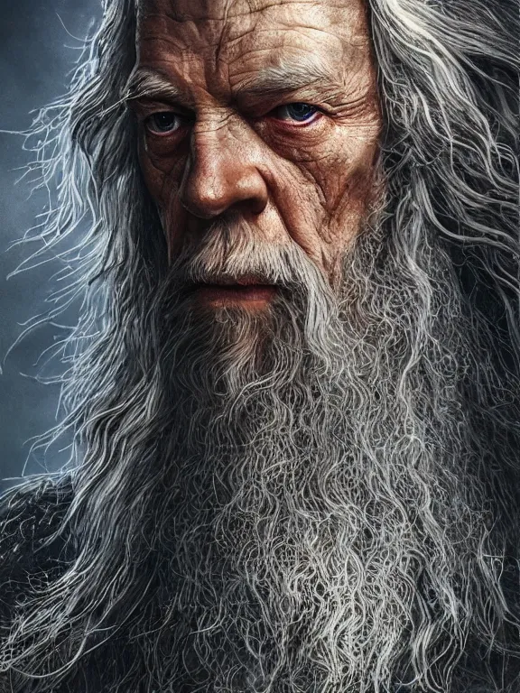 Prompt: portrait art of 8k ultra realistic Gandalf, detailed intricate ornate armour,decaying, cybernetic, full of colour, cinematic lighting, battered, trending on artstation, 4k, hyperrealistic, focused, extreme details,unreal engine 5, cinematic, masterpiece, art by ayami kojima, giger