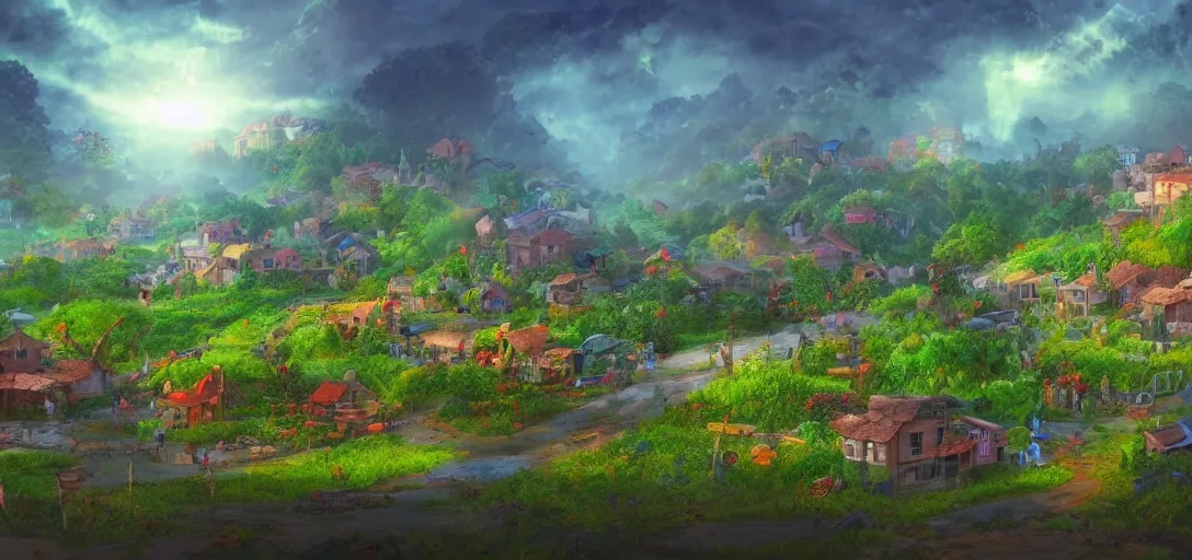 Prompt: Look of a village powered by solar power and sustainability, full daylight, morning, cartoon moody scene, digital art, 8k, colorful details of lush nature covering the streets