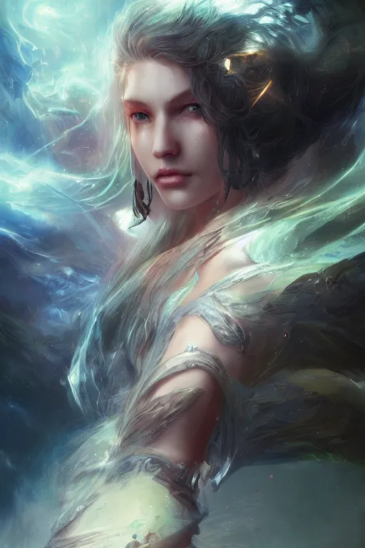 Prompt: beautiful girl wizard of the coast, casting magic spell, angel, 3 d render, hyper realistic detailed portrait, magic storm, thunder, ruan jia, wlop. scifi, fantasy, magic the gathering, hyper detailed, octane render, concept art, peter mohrbacher
