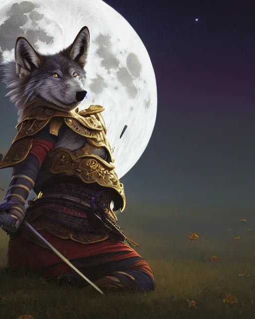 Image similar to highly detailed surreal vfx portrait of a samurai wolf in front of a full moon, stephen bliss, unreal engine, greg rutkowski, loish, rhads, beeple, makoto shinkai and lois van baarle, ilya kuvshinov, rossdraws, tom bagshaw, alphonse mucha, global illumination, detailed and intricate environment