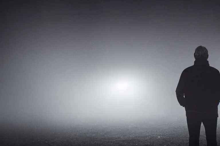 Image similar to a cinematic headshot portrait of an emotional middle aged male stood in a fog filled field, a neon light shines in the distance, perfectly lit face, ultra realistic, depth, beautiful lighting