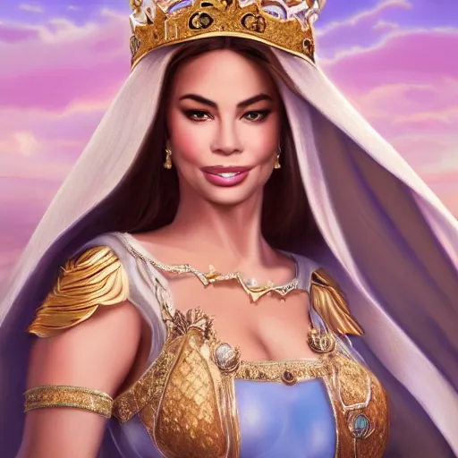 Prompt: a portrait of sofia vergara as an arabian princess in a disney movie, crown!! oil painting, pale colors, high detail, 8 k, wide angle, trending on artstation,