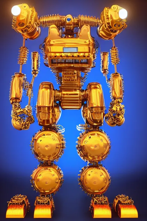 Image similar to portrait photo of a giant muscular golden and blue metal steampunk robot bodybuilder bouncer security with gears and tubes, eyes are police lights, shiny crisp finish, 3 d render, 8 k, insaneley detailed, fluorescent colors, background is multicolored lasershow